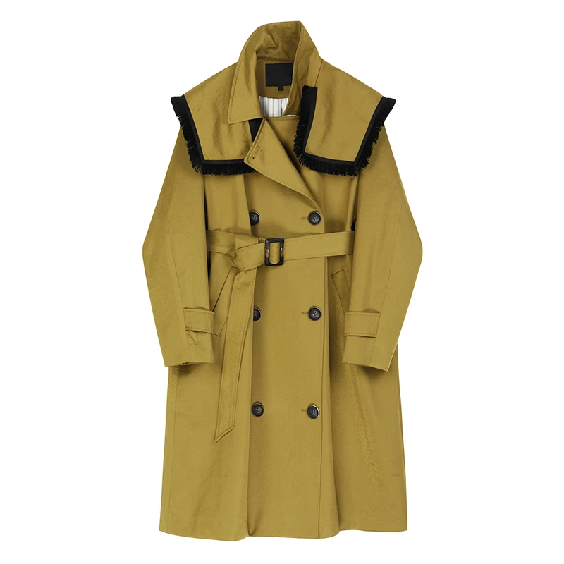 khaki TWOTWINSTYLE Лоскутная ветровка с кисточками для женщин воротник с лацканами длинный рукав высокая Талия пояса хит цвет Тренч пальто Женский Тренч - Цвет: khaki