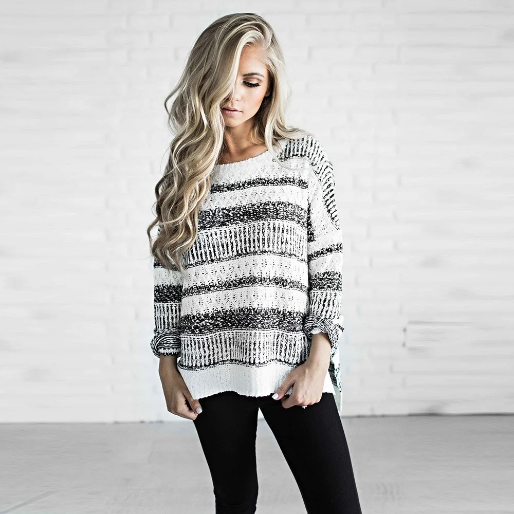 

Winter New Style Europe and America Crew Neck Pullover Sweater Black and White Stripes Printed Knitted Casual Pullover Base Shir