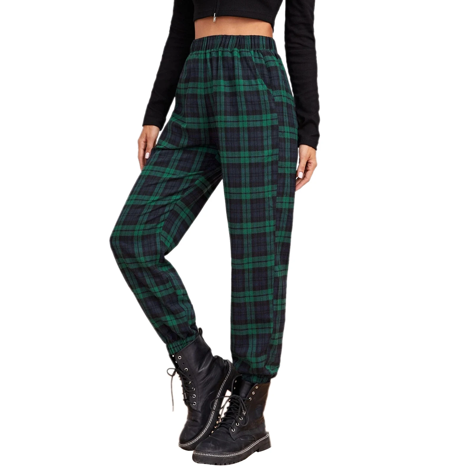 Women Casual Plaid Pants High Waist 