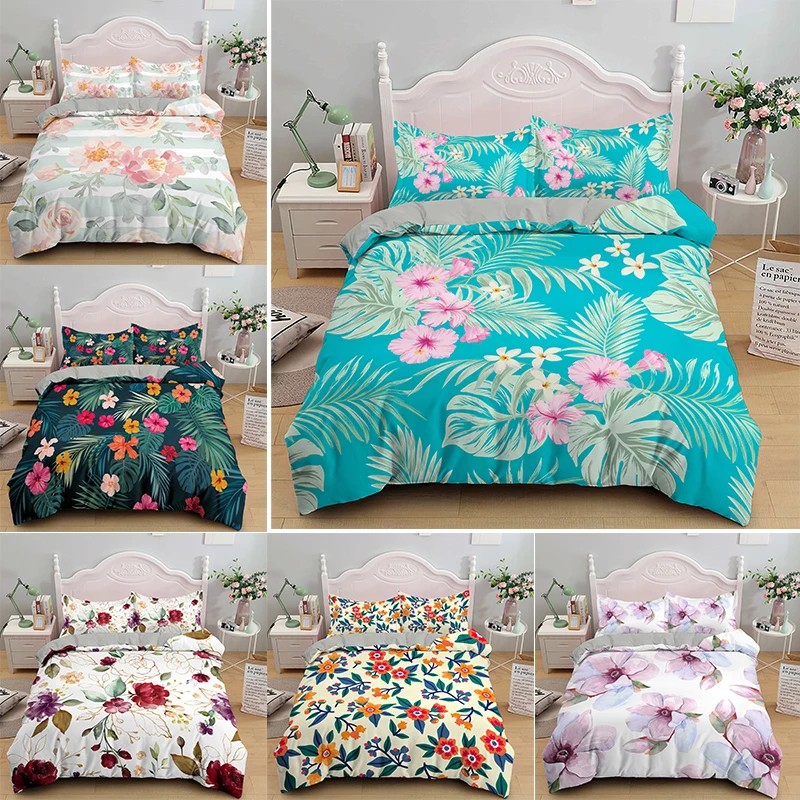

3D 2/3PCS Bedclothes Duvet Cover Set Flowers Comforter Bed Sheet Pillowcase Set(Size: Single/Twin/Doube/Queen)