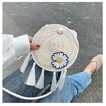 

Round Straw Bags Women Tassel Mini Summer Woven Messenger Bag Daisy Shoulder Crossbody Bags National