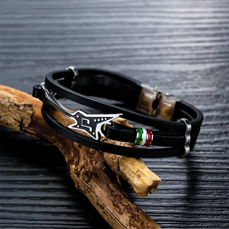 AZIZ BEKKAOUI Stainless Steel Guitar Bracelets Customized Logo Leather Bracelet for Men Rope Bangle Music Fans Gift Dropshipping