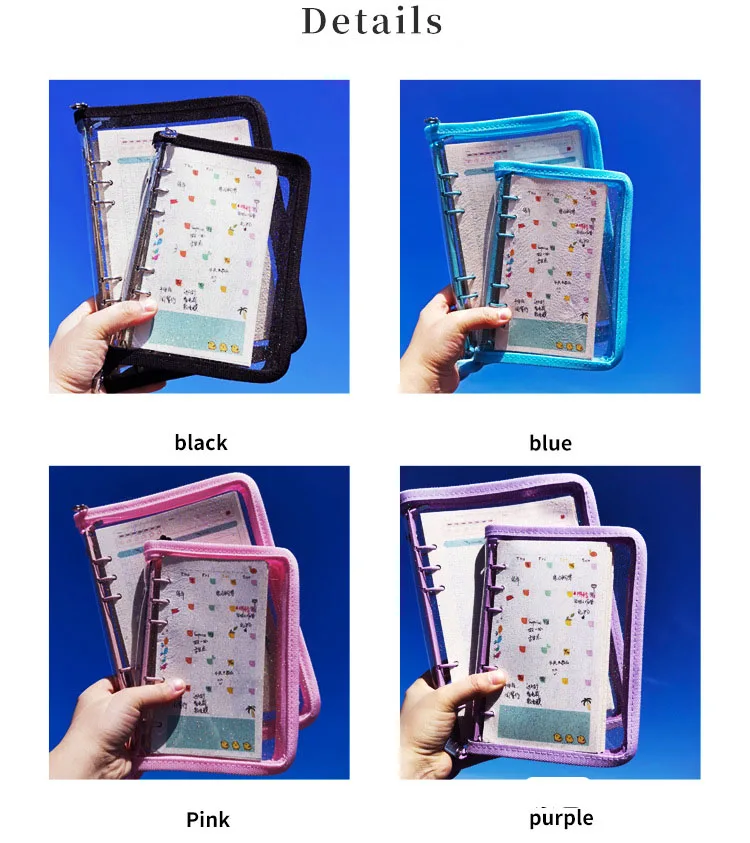 SKYSONIC A5 A6 Zipper Binder Cover-Loose Leaf Organizer Diary-Bullet Transparent PVC Case Photo Organizer Stationery Supplies
