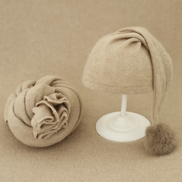 2pcs Wrap Hat Sets Newbornn Photography Props Boys Girls Photography Swaddle Blanket Infant Baby Picture Shoot Props Accessories Khaki