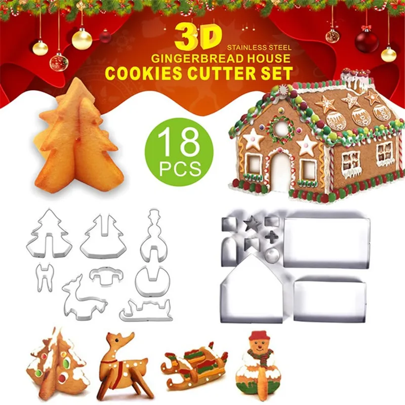 

8/10/18PCS 3D Stainless Steel Scenery Christmas Cookie Cutter Set Biscuit Mold Gingerbread House Fondant Cutter Baking Tool