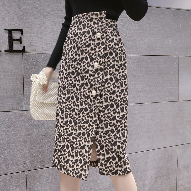 

# Photo Shoot 2019 Autumn And Winter New Style Woolen Cloth Leopord Pattern Mid-length Skirt Women's Korean-style High-waisted S