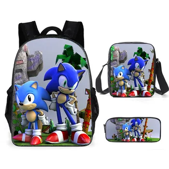 

New 3PCs/Set Children's School Backpack Sonic The Hedgehog Kids School Bags Cartoon Animal Design Teenagers Book-Bags Set