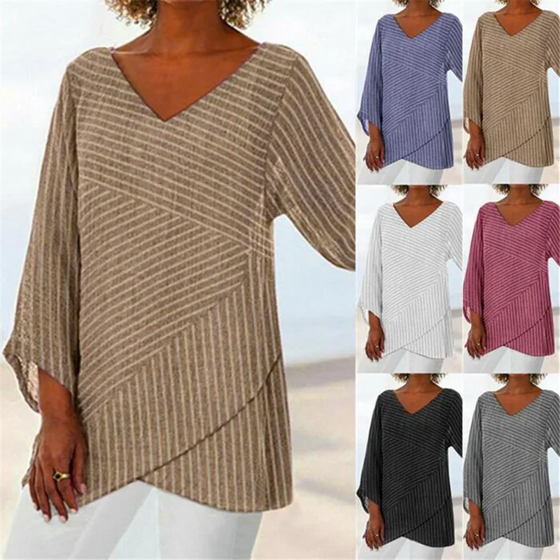 New V-neck Cross-Striped Women's Top Large Size Solid Color Casual Long-Sleeved 2020 Autumn Tops Loose S-5XL | Женская одежда