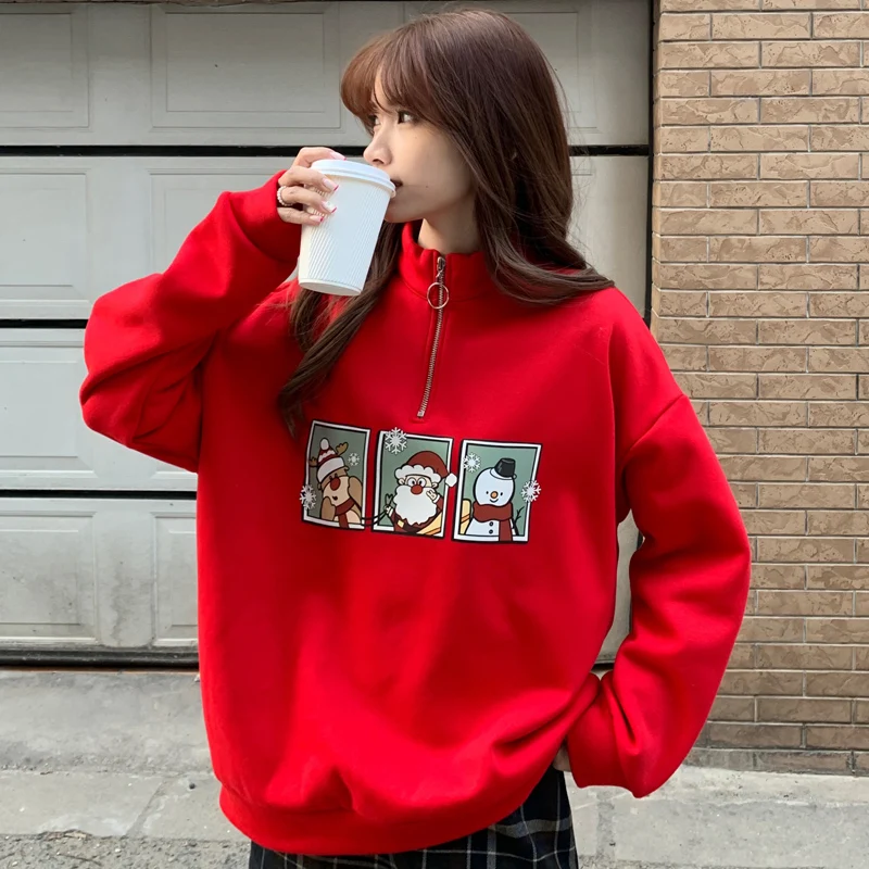 

Women 's Hoodie Christmas Red Cartoon New Year Kawaii Zipper Pullover Streetwear Holiday Winter Sweartshirt Coat Thick 2022 New