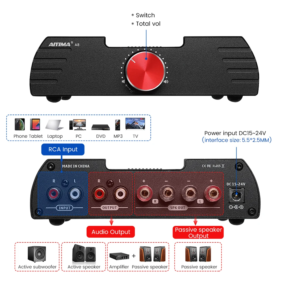 AIYIMA A8 MA12070 Power Amplifier Stereo Audio Amplifier Sound Amplificador 80Wx2 T8 6N3 Tube Preamp Bluetooth 5.0 Preamplifier best integrated amplifier