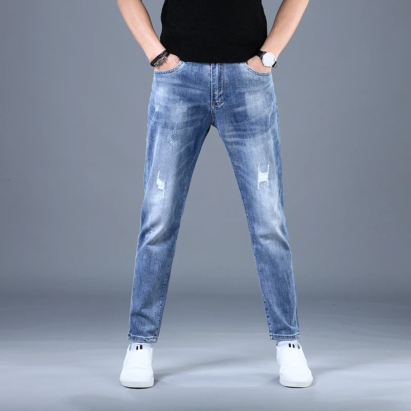 Summer Men's Blue Ripped Jeans Casual Loose Straight Denim Pants