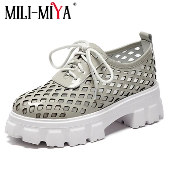 

MILI-MIYA New Arrival Women Cow Leather&Mesh Sneakers Platform Flat Lace-Up Cutout Breathable Solid Color Dress Summer Shoes