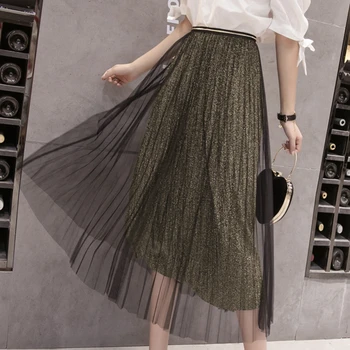 

New Women Pleated Solid Mesh Skirt Spring and Summer Midi Skirt Female Temperament Elastic High Waist Long Casual Vintage Skirts