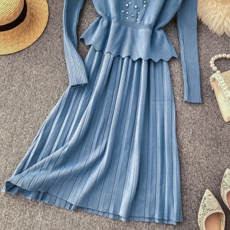 ALPHALMODA осенний женский элегантный костюм из 2 предметов жилет с бисером+ плиссированное платье с высоким воротником зимний комплект из 2 предметов