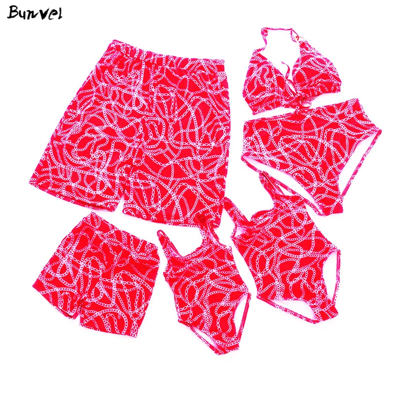 

bunvel Summer Mother Daughter Swimwear Striped Printed Women Men Kid Baby Girls Boys Bathing Suit Mommy And Me Beach Wear 2020