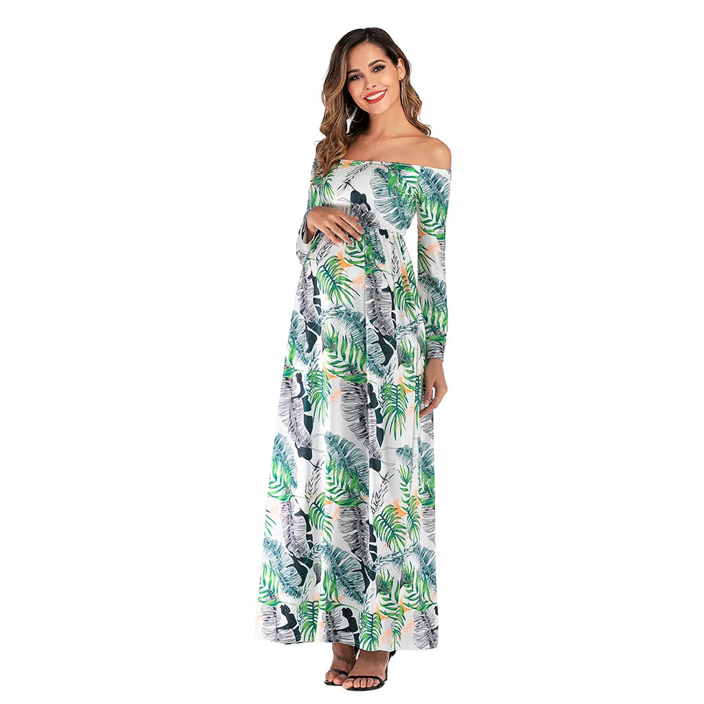 Длинное платье с принтом тропических листьев для беременных женщин; Одежда для беременных с длинными рукавами и открытыми плечами; осенний