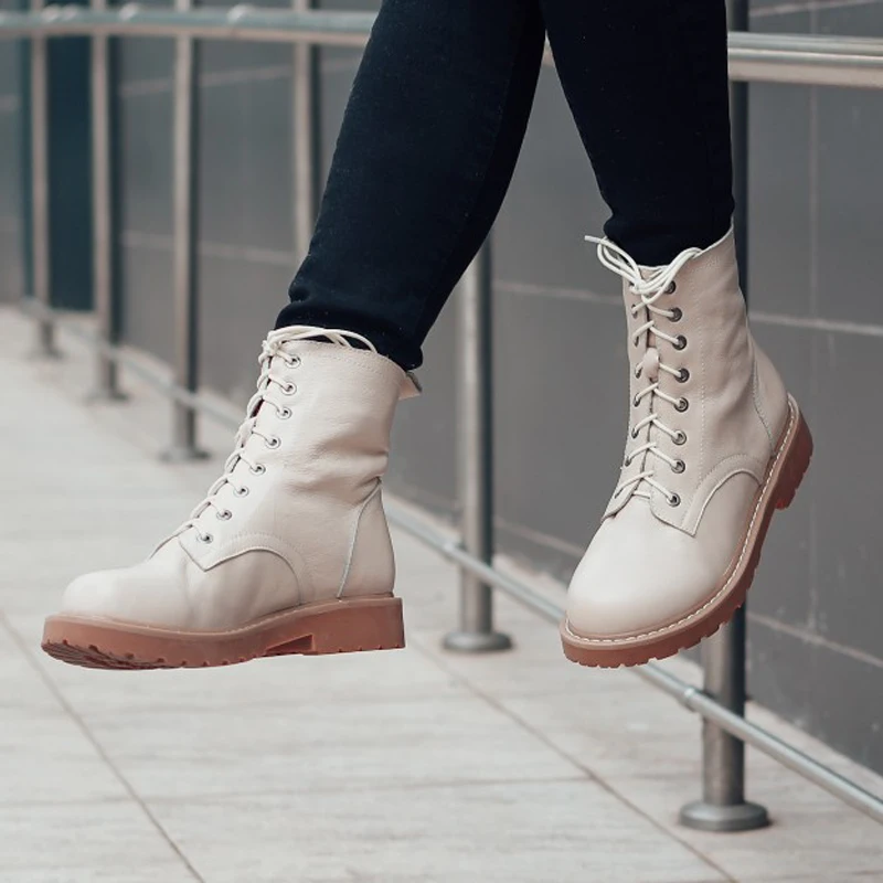 Leather Ankle Boots Women Autumn Winter Low Square Heels Cross Strap Shoes G221 Woman Round Toe Lace Up Black Beige Riding Boots