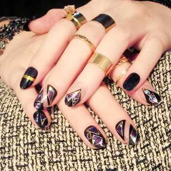 

24Pcs Irregular Geometry Sea French False Nails Black Clear Phototherapy Short Round Fake Nail Pre Designs with gule for girls