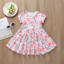 Платье с короткими рукавами для девочек; повседневное хлопковое летнее платье с круглым вырезом и цветочным принтом для детей от 9 месяцев до 6 лет