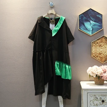 

[EWQ] 2020 Fashion Lapel Loose Big Size Medium And Long V-neck Dress For Women V-collar Short Sleeve Asymmetrical Dress 3AJ09701