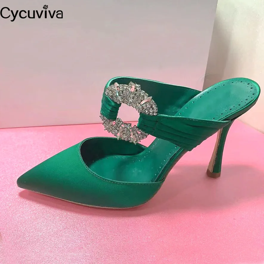 Sexy Rhinestone High Heels Slippers Women Desginer Silk Sandals Runway Party Crystal Shoes Pointy Toe Slides High Heel Slippers