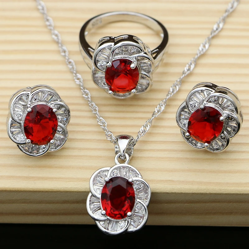 Натуральный Красный Aarnet белый циркон для женщин 925 пробы Серебряные Ювелирные наборы серьги/кулон/ожерелье/кольца бесплатно Boite Cadeau T045