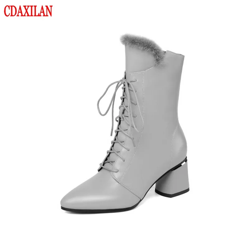 Tanie CDAXILAN nowy buty damskie prawdziwa skóra bydlęca szpiczasty toe krzyż tied rozmiar zamek wysokiej obcas połowy  łydki buty jesień buty zimowe