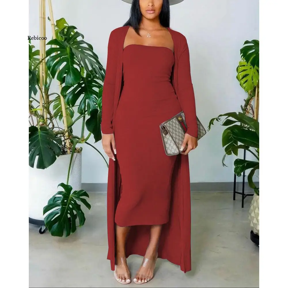 

Autumn Winter Solid Office Lady Outfits Strapless Bodycon Dress + Long Sleeve Cardigan Tops Women Suits Fashion Casual Home Sets