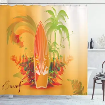 

Surfboard Decor Collection, Surf Background Wave Water Drops Advertise Leaf Activities Destination Fun Party Image, Polyester