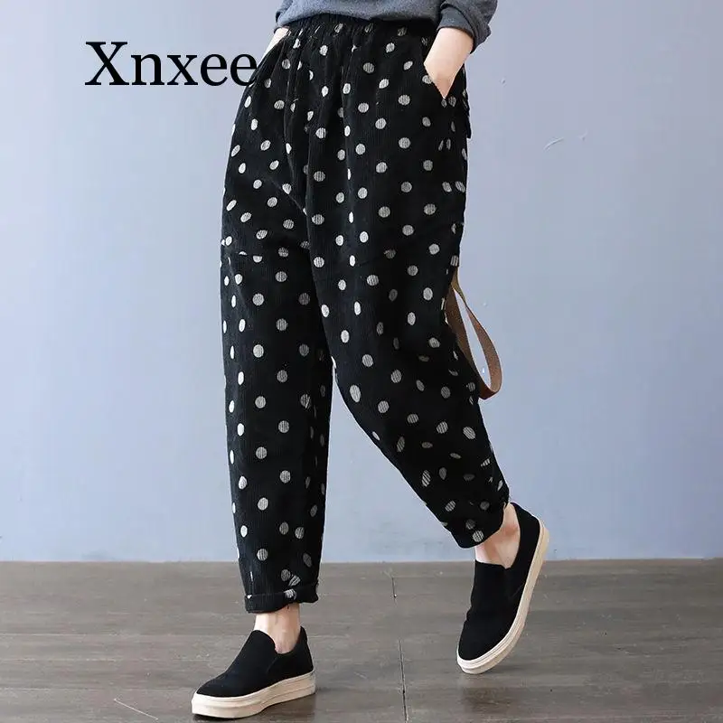 winter Autumn New Arrival Women Elastic Waist Dot print Corduroy Harem Pants all-matched Casual Loose Pants  Trousers