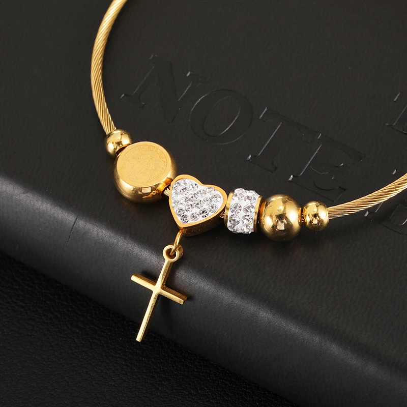 Religious Virgin Mary San Benito Medal Bangles For Women Rhinestone Heart Cross Pendant Pulseiras Feminina 5