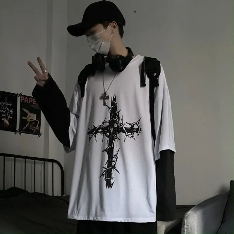 Autumn new trend dark hip-hop cross printing loose large size fake two-piece long-sleeved T shirt for men and women