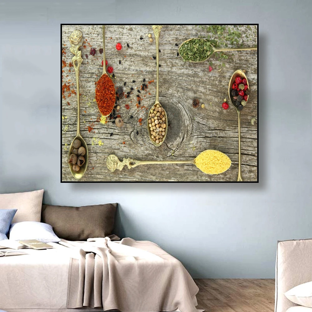 Canvas Painting Seasoning in spoon Wood grain background Art Poster Picture Wall Decor Home Decoration For Living room Kitchen