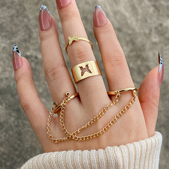 Punk Cool Hiphop Chain Rings Multi-layer Adjustable Open Finger Rings Set Alloy Man Rings for Women Party Gift Jewelry
