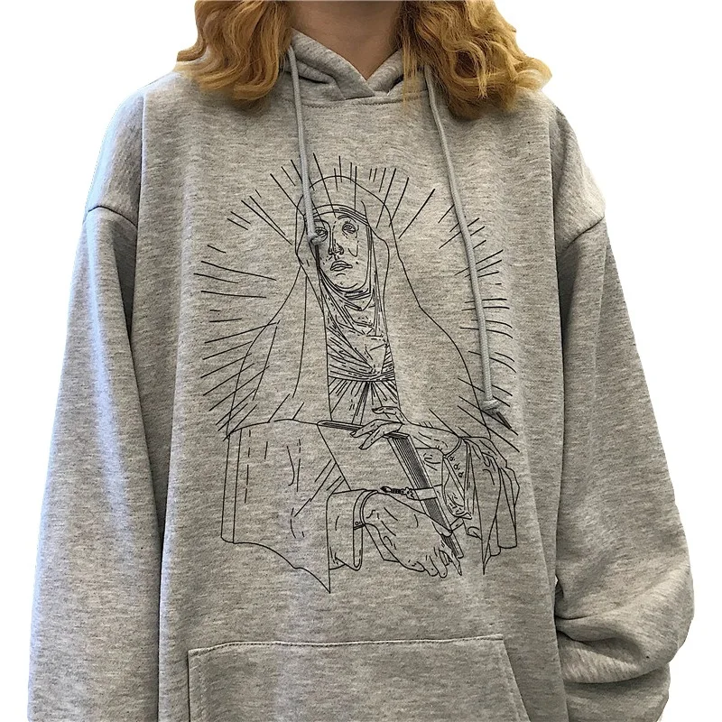 

New 2019 Punk Clothing Harajuku Autumn Winter Women Hooded Sweatshirt Head Jesus Printed Long Sleeve Casual Loose Fleece Hoodies