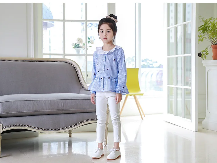 Spring New Products Girls Long Sleeve Vertical Striped Shirt Korean-style Childrenswear Big Boy Peter Pan Collar Tops D087