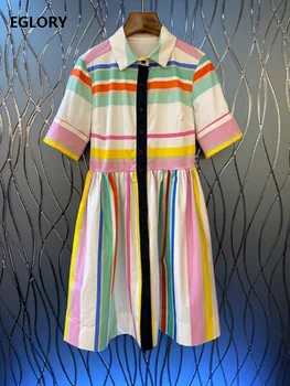 

Top Quality Cotton Dress 2020 Summer Ladies Turn-down Collar Colorful Striped Print Short Sleeve Big Swing Dress Sweet Lolita
