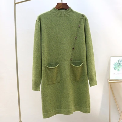 Женский Длинный свитер с высоким воротником, базовый пуловер, Свободные корейские однотонные пуговицы для свитера, Вязаный топ с карманами, Осень-зима - Цвет: Avocado green