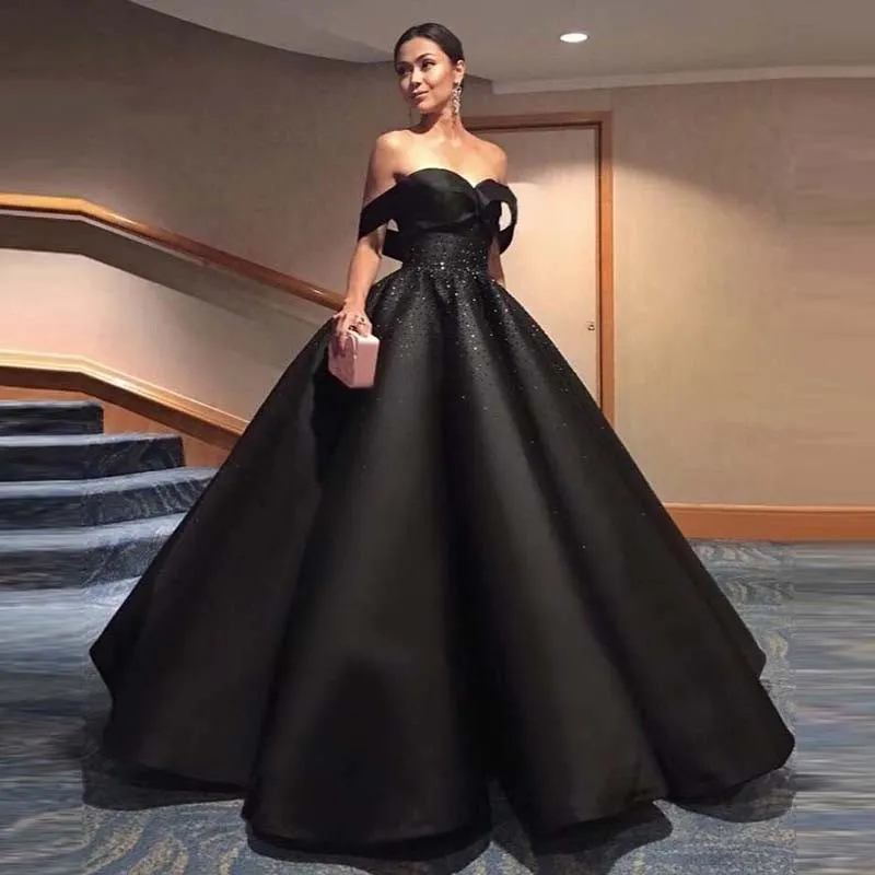 

Black Chic Evening Dress Hippie Style Ball Gown Saudi Arabic Robe de soiree Off Shoulder Beaded Formal Prom Gown