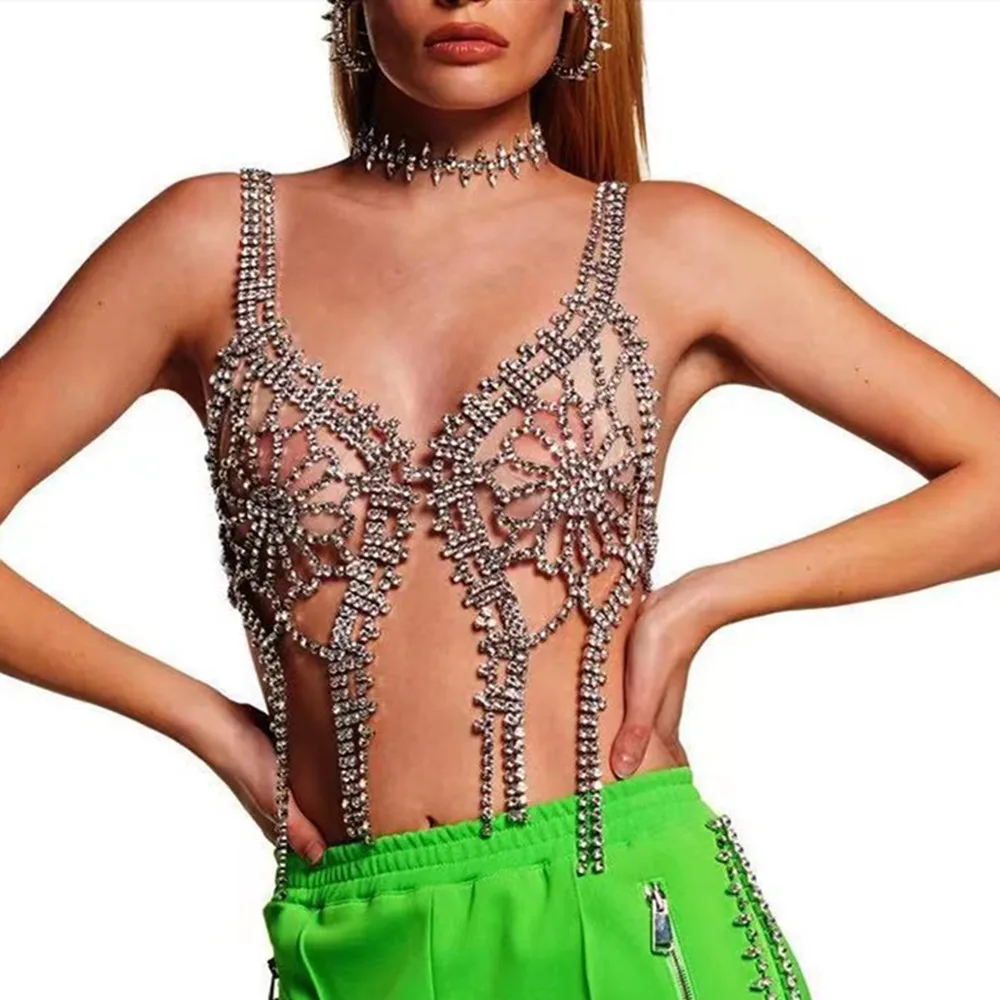 

Handmade Luxury Rhinestone Bra Flower Shape Tassel Chest Chain Bikini Bra Top for Women Bling Crystal Hollow Bralette Underwear