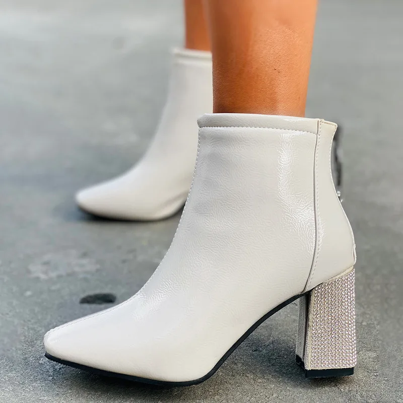 De moda de mujeres de la cremallera botas cristal ostentoso zapatos de tacón alto zapatos de cuero de la PU de otoño e invierno del dedo del pie puntiagudo botas mujer