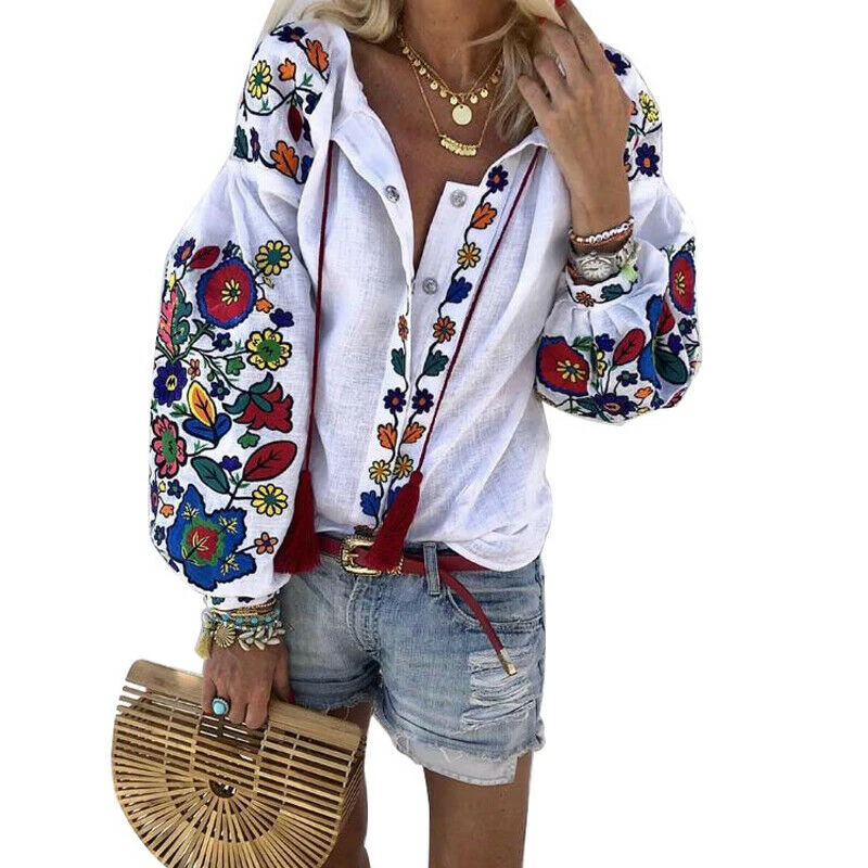 

New Women Ethnic Blouse Top Autumn Lantern Sleeve Slim Blouses Shirts Boho Flower Chic Top Women Casual Loose Blouse Blusas 2019