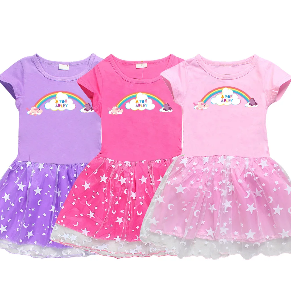 

New Summer A for Adley Girl Cotton T Shirt+Print Gauze Patchwork Dress Children Girl Cartoon Party Casual Clothes Dresses
