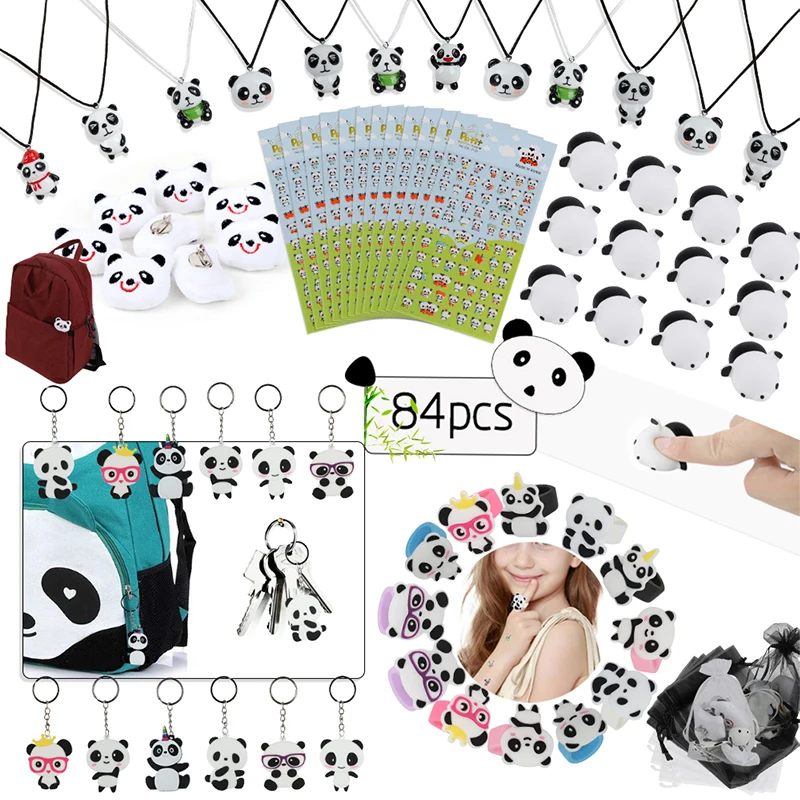 84pcs Вечерние ожерелья/брелки/кольца с пандой, мягкие игрушки, подарочные сумки для детей, панды, товары для дня рождения, подарок для ребенка - Цвет: 84pcs