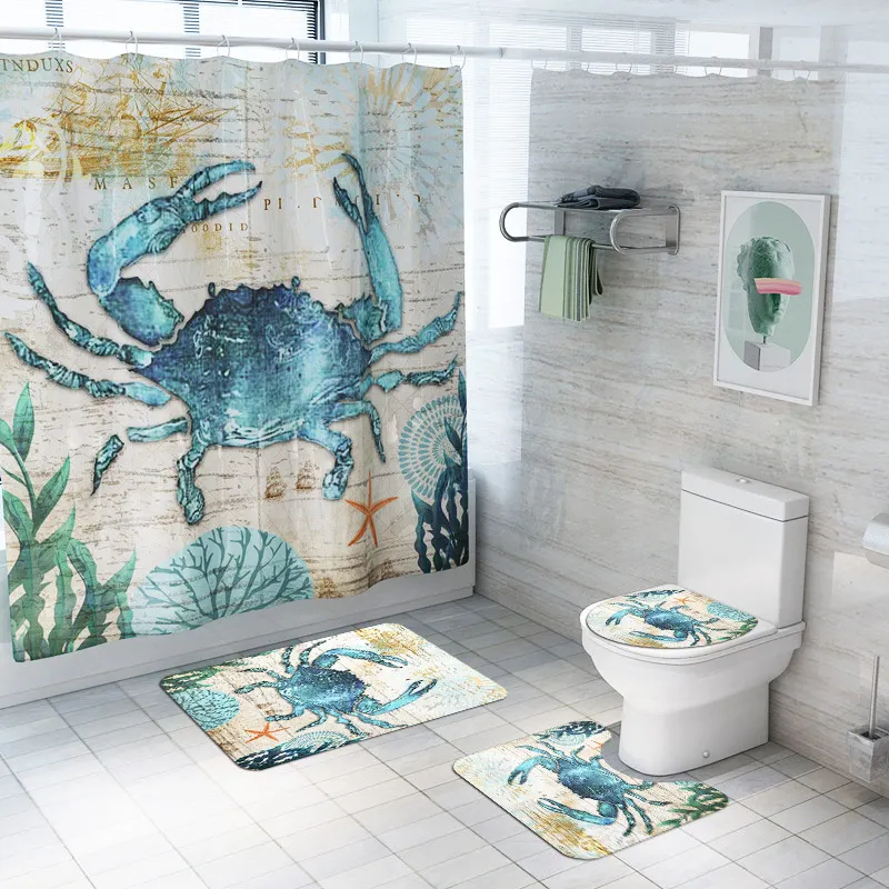

Bathroom 4pcs/Set Shower Curtain Ocean Turtle Print Pattern Toilet Cover Bath Mats Non-Slip Rugs Waterproof Carpet Home Decor Ac