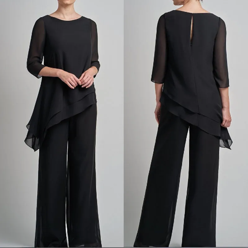 

Robe De Soiree Elegant Black Half Sleeves Chiffon Mother of The Bride Pant Suit Plus Size Formal Dress for Wedding Party