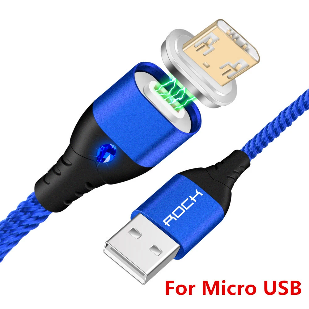 Blue For Micro USB Магнитный кабель ROCK 5A, супер быстрый зарядный кабель для передачи данных, usb type C кабель со светодиодной подсветкой для iPhone Xiaomi Huawei Android Phone 1 м - Цвет: Blue For Micro USB