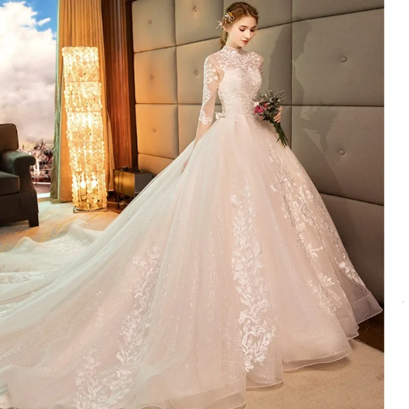 New Arrival High Neck Ball Gown Wedding Dresses Princess Tulle Hochzeitskleid Tassel Sleeves Abiti da Sposa Sparkly Robe Mariee