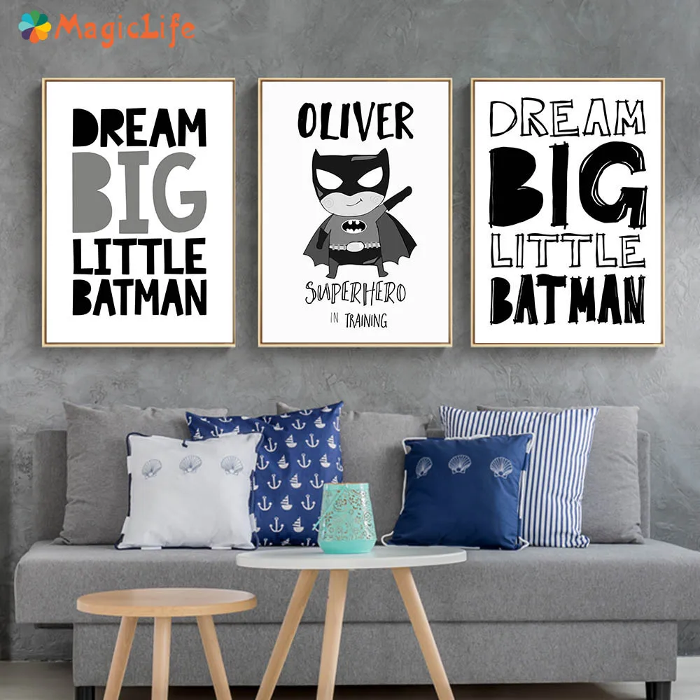 

Dream Big Motivational Cartoon Batman Wall Art Canvas Painting Black White Painting Wall Pictures Children Room Decor Unframed