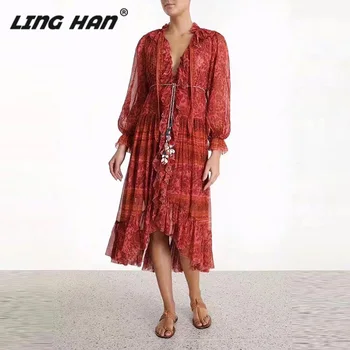 

LINGHAN Vintage Print Single-breasted Chiffon Dress Women's Fashion Ruffles Lantern Sleeve Lace Up Midi Dresses Designer New